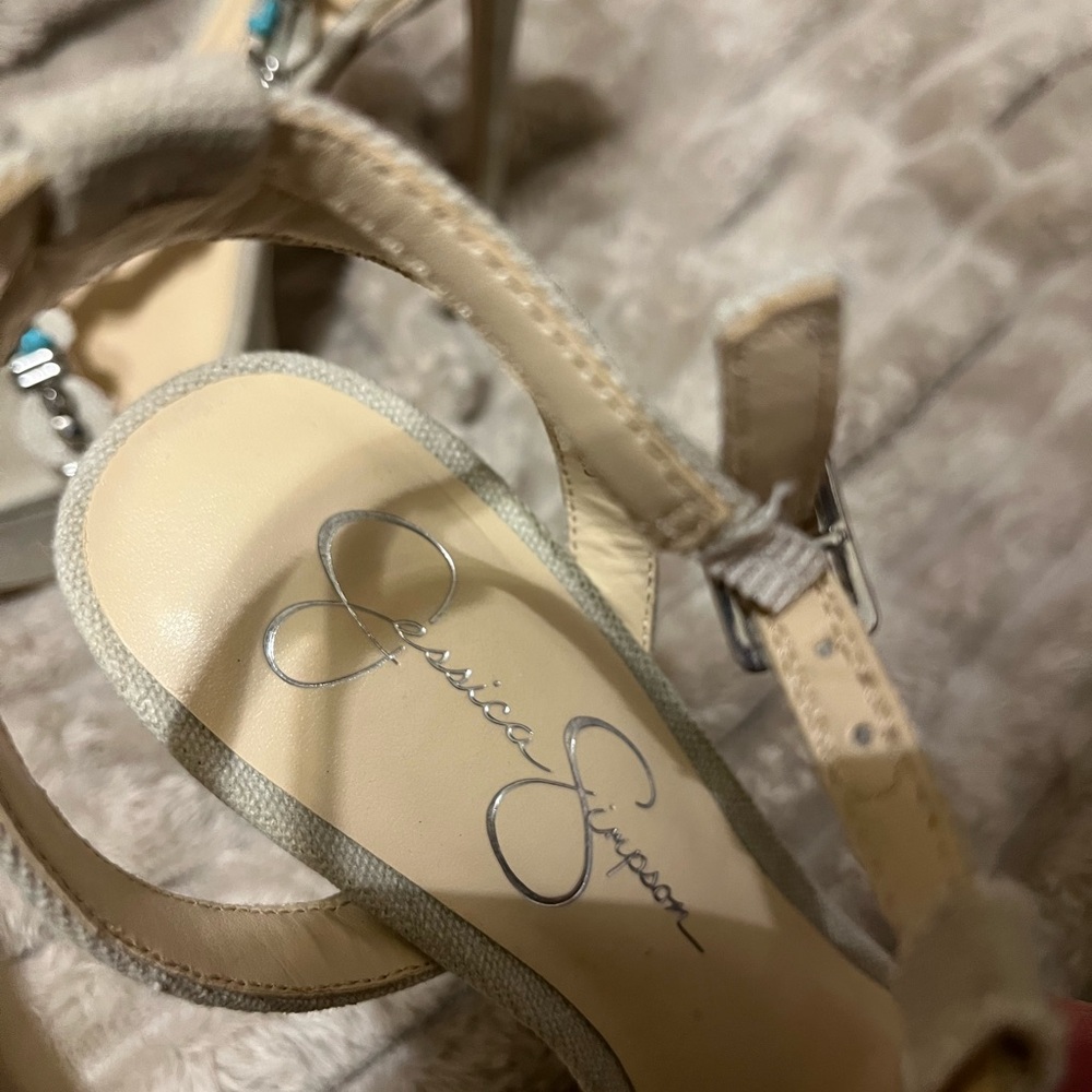 Jessica Simpson Beaded T-Strap Beige and Turquoise Platform Sandals - Picture 5 of 7